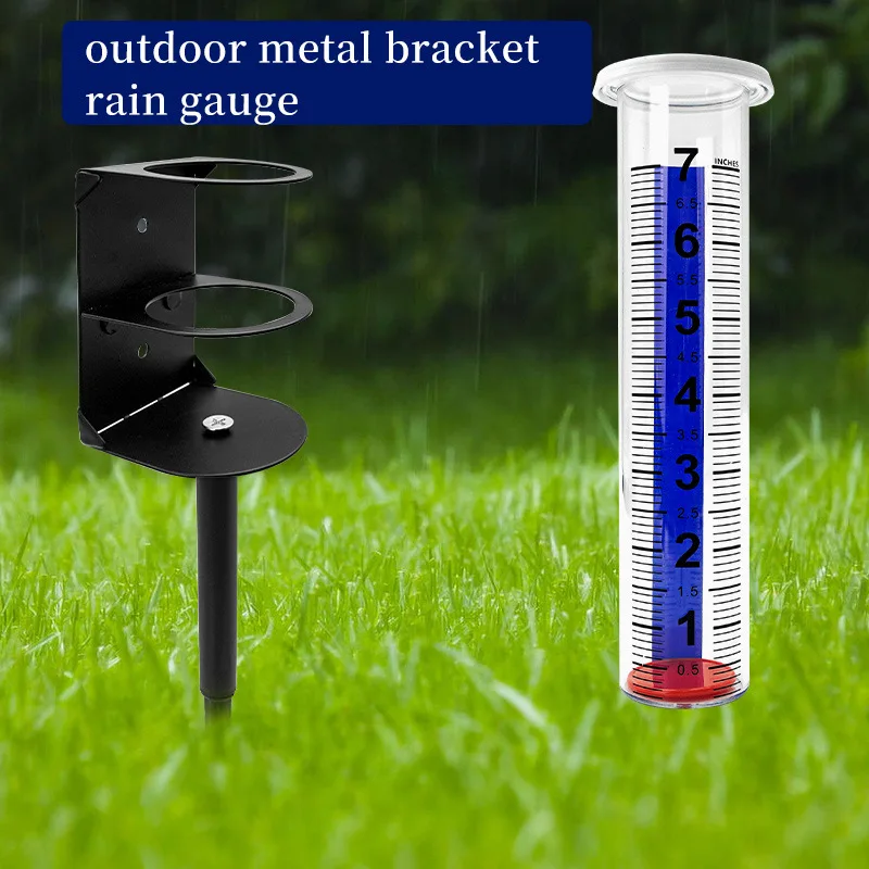 Outdoor Metal Stand Rain Gauge Plastic Garden Lawn Yard Rainfall Measuring Tool For Courtyard Weather Monitoring