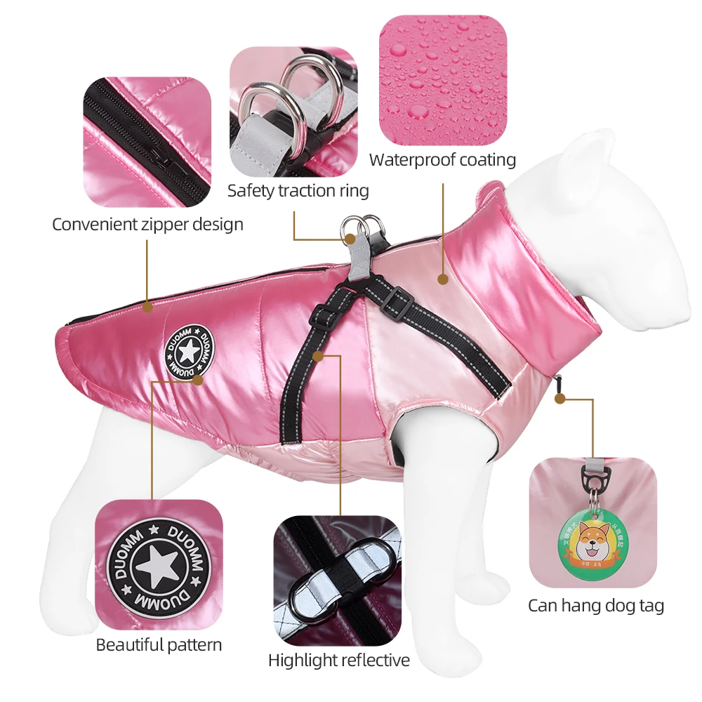 Winter Warm Pet Dog Clothes Winter Dog Jacket Dog Warm Clothes with Harness Waterproof Winter Jacket for French Bulldog Costume