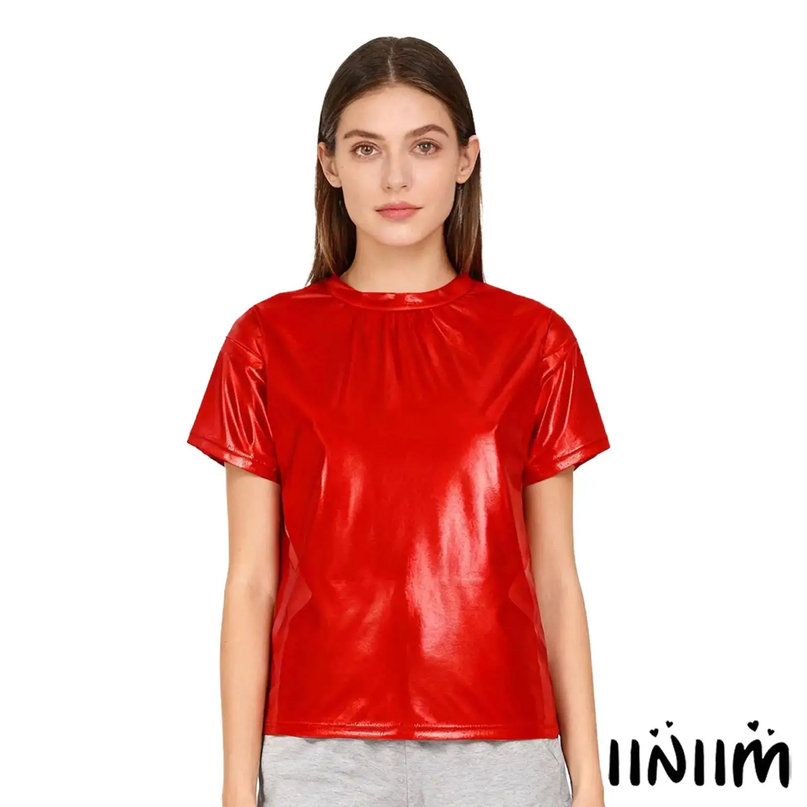 

Women Jazz Dance Party Performance Tops Metallic Shiny Short Sleeve Round Neck T-shirt for Hip Hop Street Dance Wear
