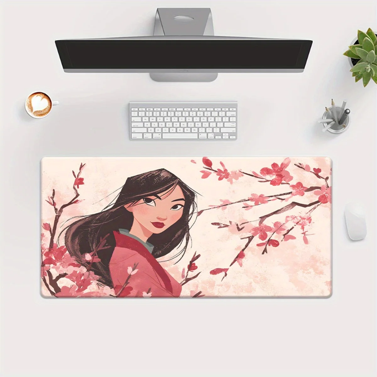 قطعة واحدة من وسادة ماوس ديزني مولان الكبيرة مقاس XXL وحصيرة مكتب - قاعدة مطاطية غير قابلة للانزلاق، مولان في الزي الصيني التقليدي مع زهر الكرز #4