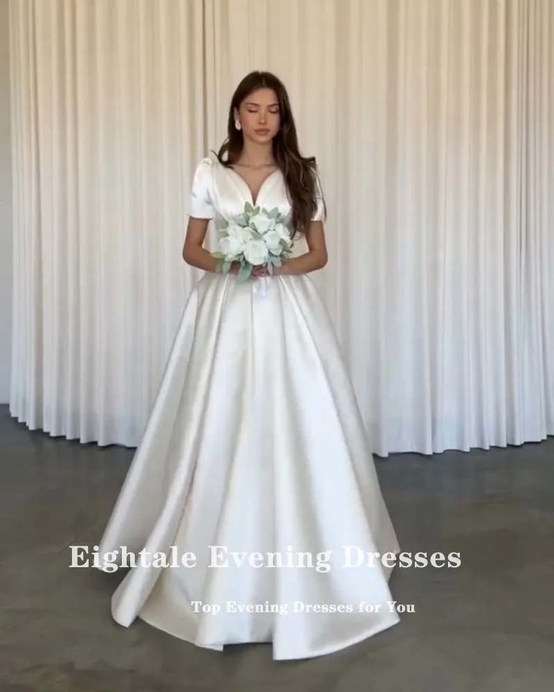 فستان زفاف عربي Eightale برقبة على شكل حرف v مخصص من الساتان العاجي وأكمام قصيرة فستان زفاف على شكل حرف a طول الأرض فستان حفلات العروس