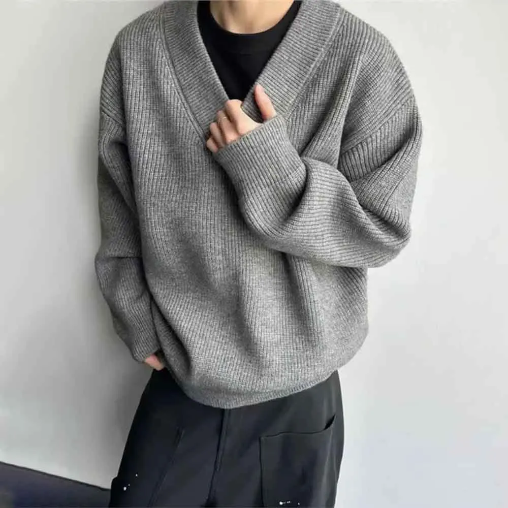 

Зимний новый мужской однотонный свитер с v-образным вырезом и длинными рукавами, корейский ретро-модный модный свободный уличный повседневный простой мужской топ