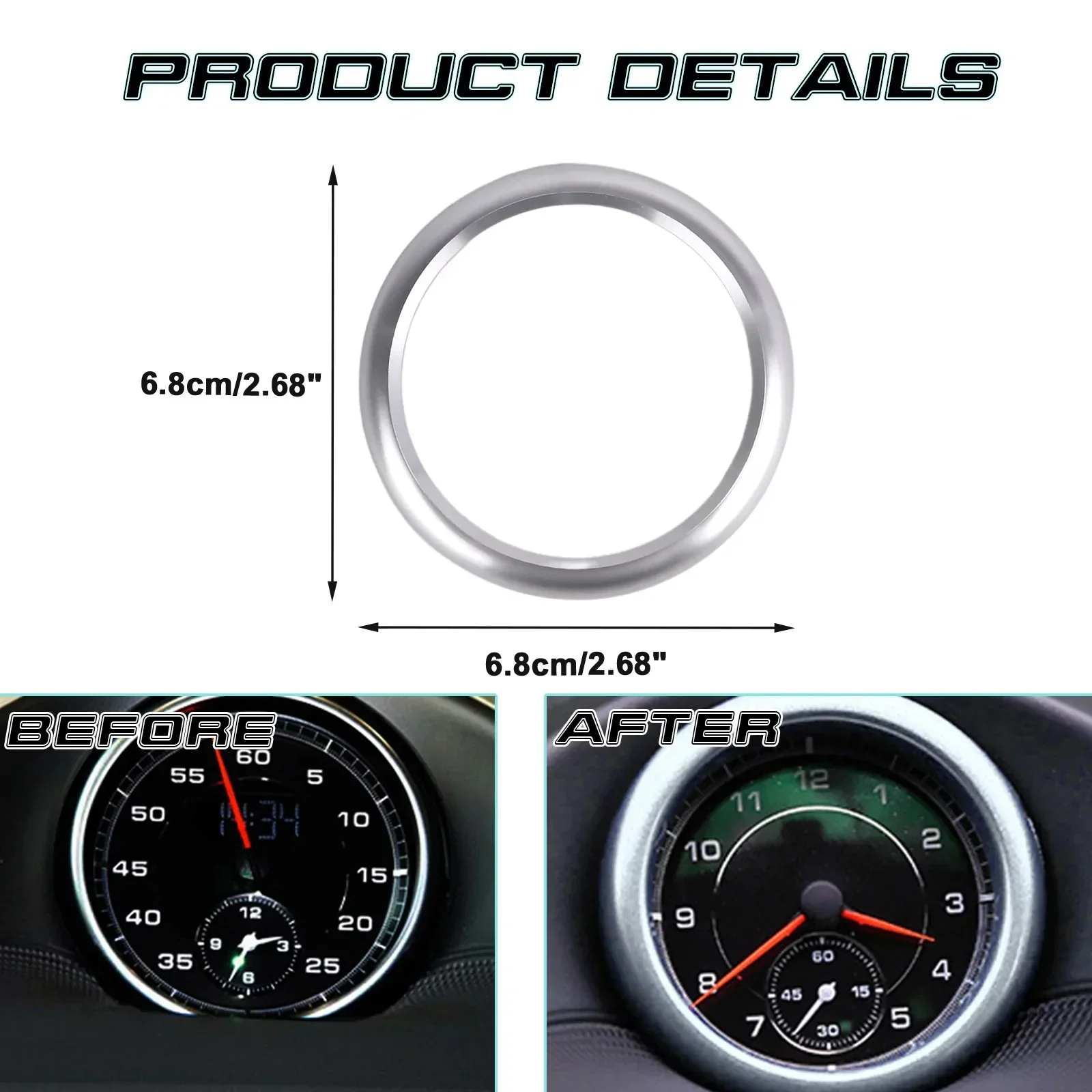 Silver Aluminum Interior Dashboard Center Clock Ring Cover Decoration For Porsche 911 Cayenne Boxster Macan Panamera 2008-2021
