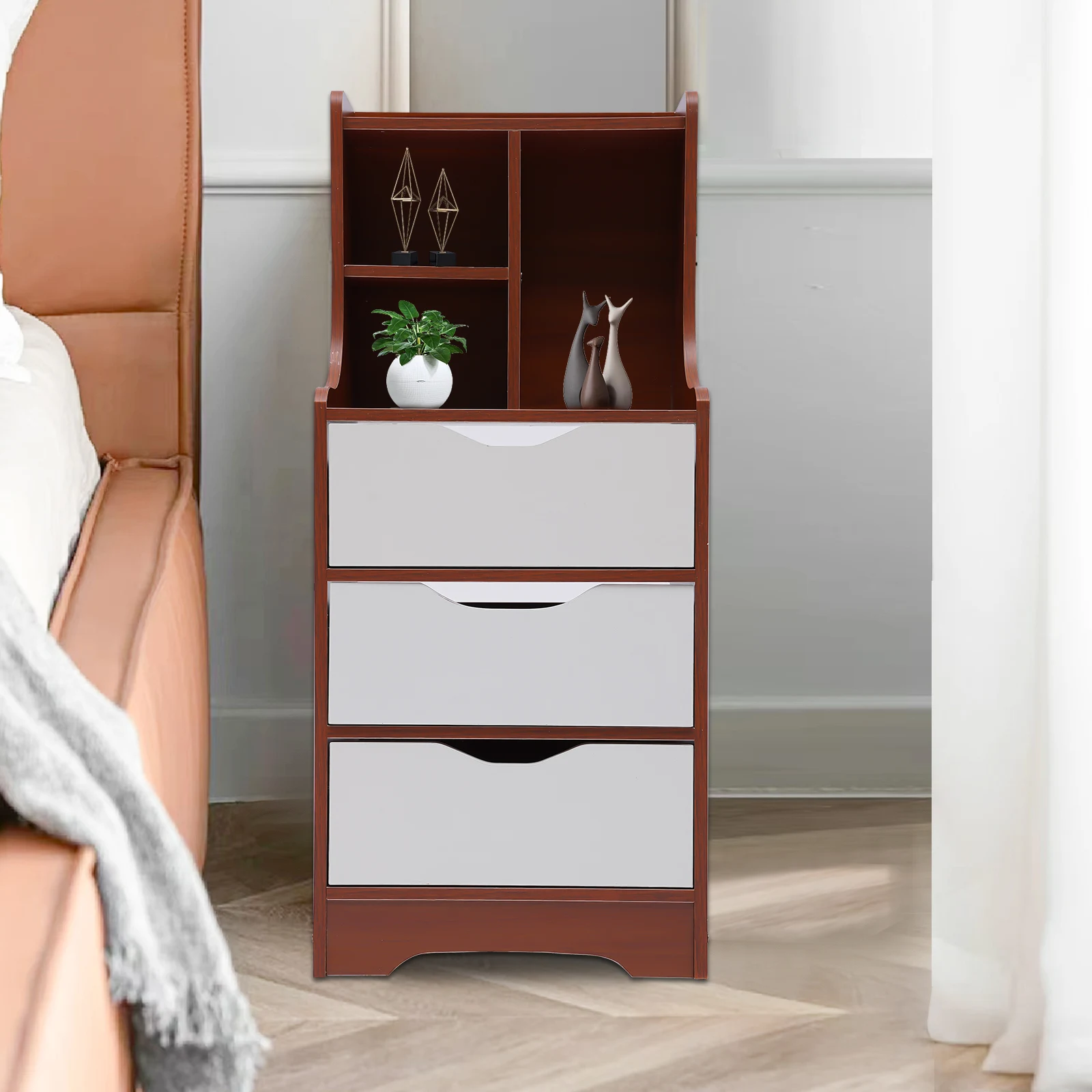 

3-Drawer Nightstand with Open Storage Cabinet Bedroom Organizer Stand Cabinet Brown Free Standing Cabinet Bedroom Organizer