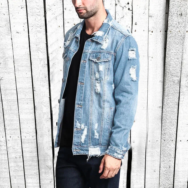 

Street Fashion Ripped Denim Jacket Men's Classic Vintage Denim Jacket Fall Winter Worn Torn Denim Jacket Hip-hop Skateboarding