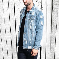 Street Fashion Ripped Denim Jacket Men's Classic Vintage Denim Jacket Fall Winter Worn Torn Denim Jacket Hip-hop Skateboarding