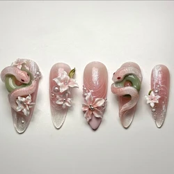 10 Pcs Handmade Press On Nails in the Year of the Snake 2025 New 3D INS Y2k Long Almond Fake Nails Design DIY Nails with Set