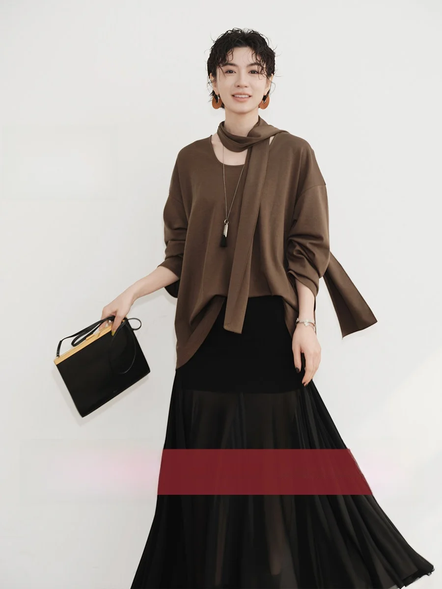 

Комплект Amyy Studios: футболка с U-образным вырезом и шарф из смесового хлопка Lenzing, воздушные брюки, модный ансамбль с длинными рукавами, весенняя коллекция