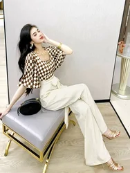 Wide Leg Ladies Trouser Lattice Summer 2024 Holiday Outfits Lace Up Women's Blouse and Pants Two Piece Set Shirt Apricot Outfit