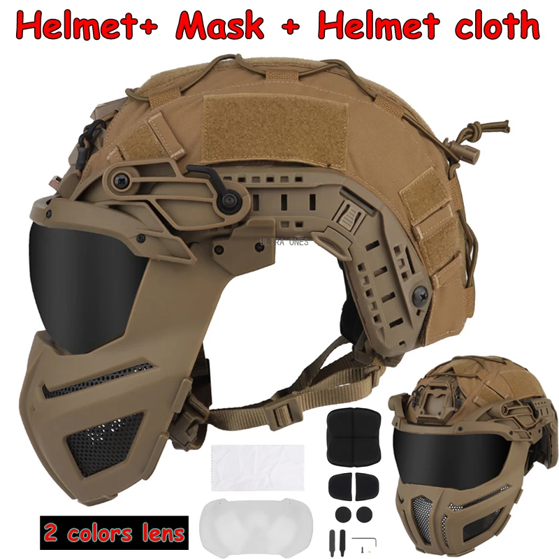 2 Lens Airsoft Full Covered Helmets Assault Tactical Helmet with Removable Mask Helmet Cloth Hunting Shooting CS FAST Helmet Set