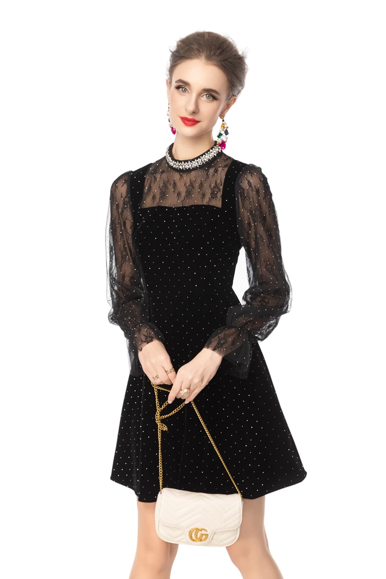 Langärmliges A-Linien-Kleid aus schwarzem Samt mit Polka Dots für Damen, Kristall-Strasskragen und durchsichtigem Spitzen-Overlay, eleganter Abschlussball