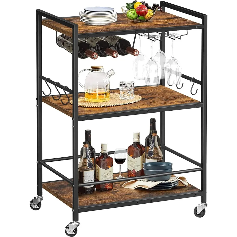 

Bar Cart, Serving Cart for Home, Microwave Cart, Drink Cart, Mobile Kitchen Shelf with Wine Rack and Glass Holder,