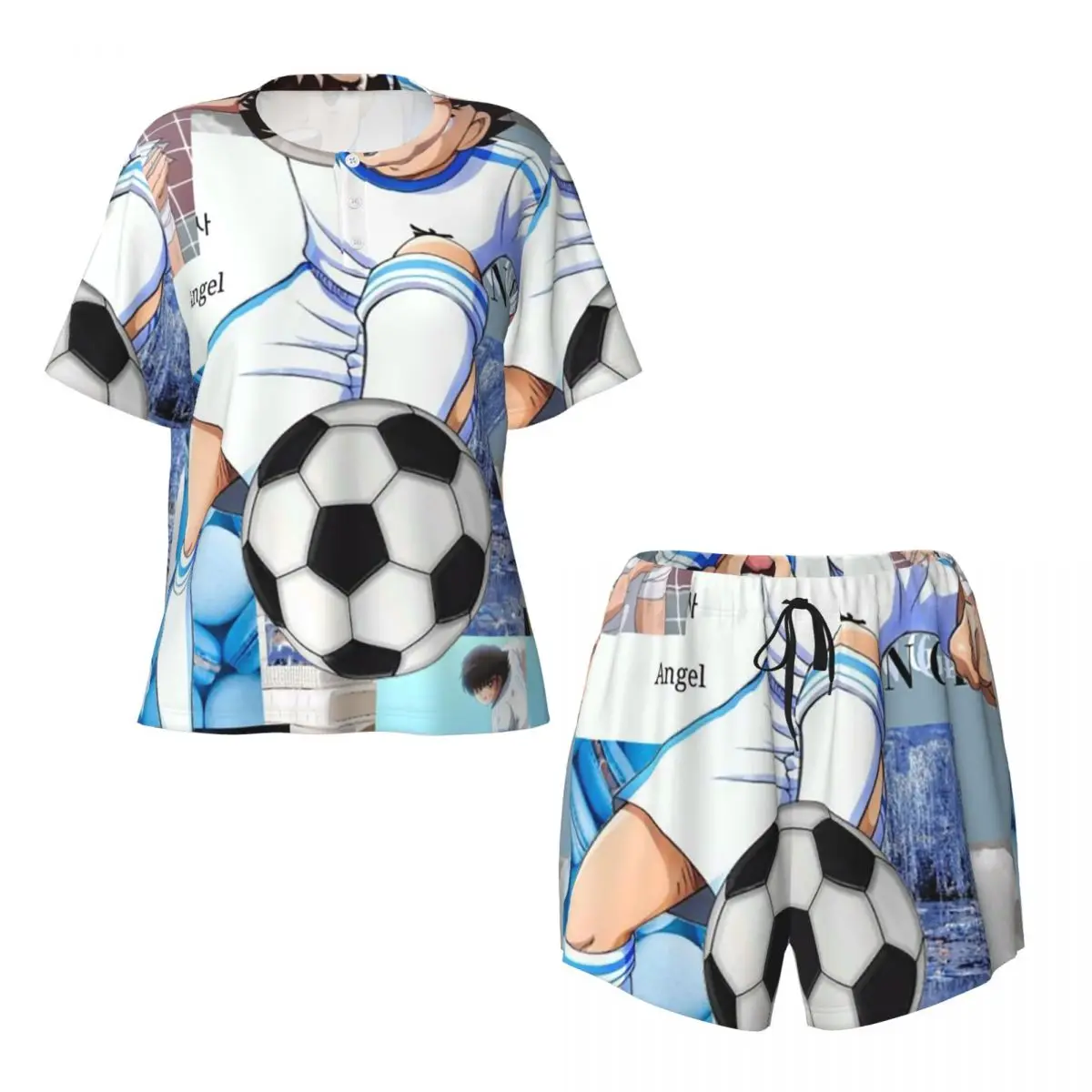 Ozora Oliver Atom Capitan Tsubasa Round Neck Short Sleeve Nightgowns for Sleeping Sleepshirts Women Soft Pajama Set Short Pants