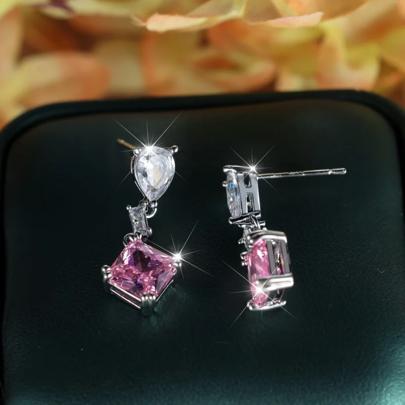 New Elegant Waterdrop Ladder Square Diamond Pink Zircon Eardrops Light Luxury Multi Drop Splicing Pink Zircon Long Accessories