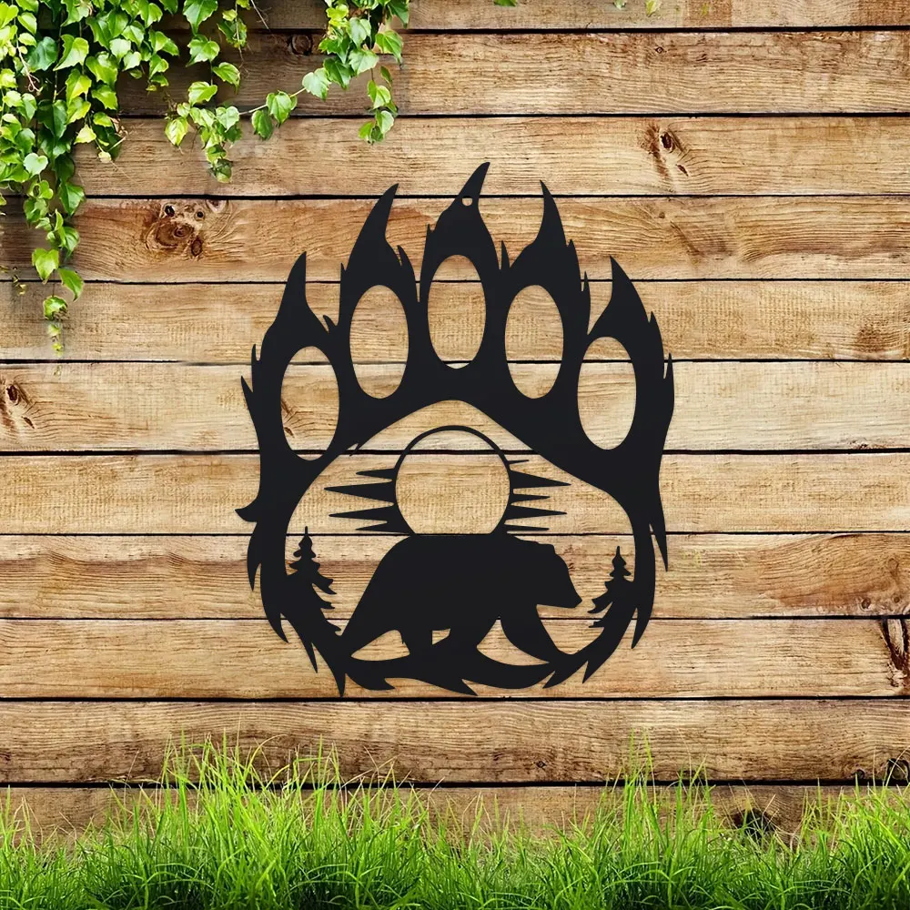 2D Outdoor Rustic 1pc Metal Bear Paw Wall Art for Living Room, Cabin & Hunting Enthusiasts Metal Indoor