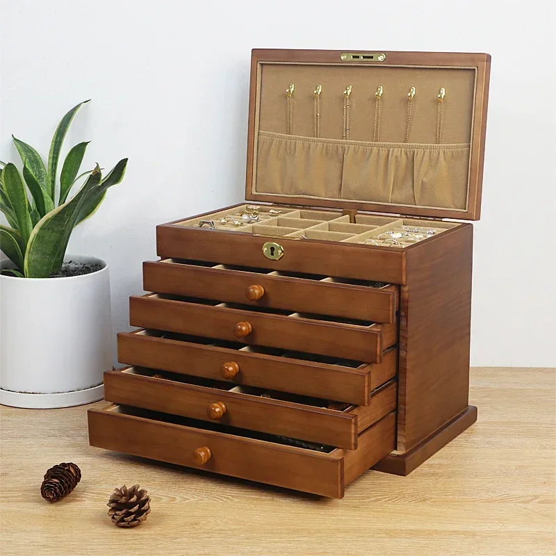 YB Drawer Jewelry Box Organizer Storage Chinese Style Pine Wooden Large Box High Capacity Luxurious Solid Wood Necklace Earrings