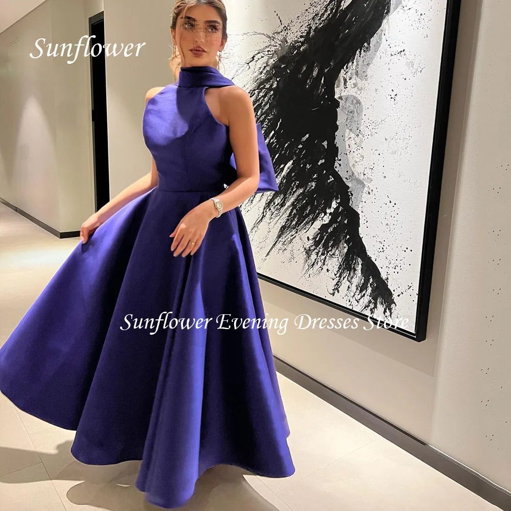 

Sunflower Halter Prom Gown A-LINE Evening Dress Bow Sleeveless Satin Party Dress 2023 Ankle-Length Customized