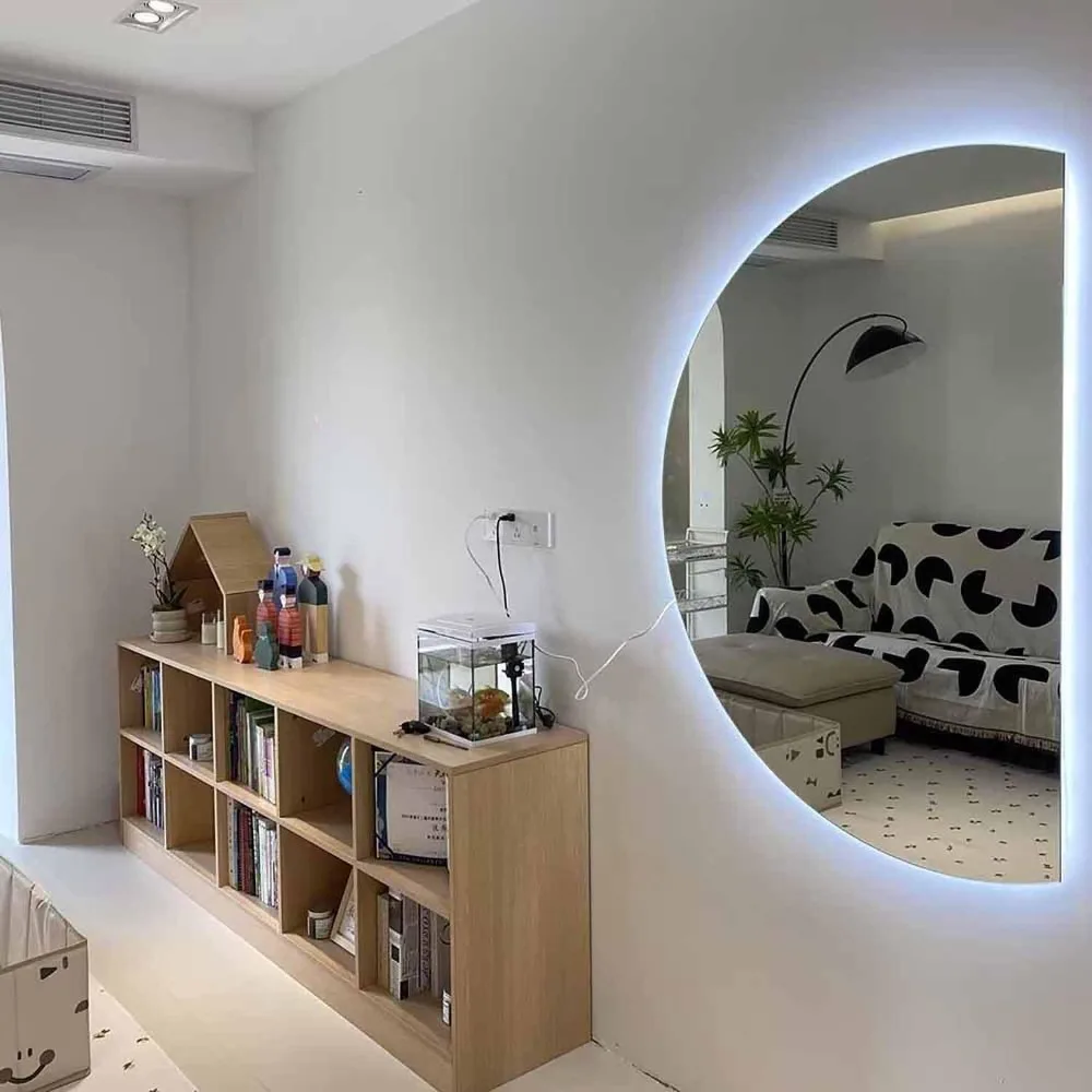 Grande espelho de maquiagem iluminado por LED meia lua, 51x35cm, sem neblina, adequado para banheiro e entrada