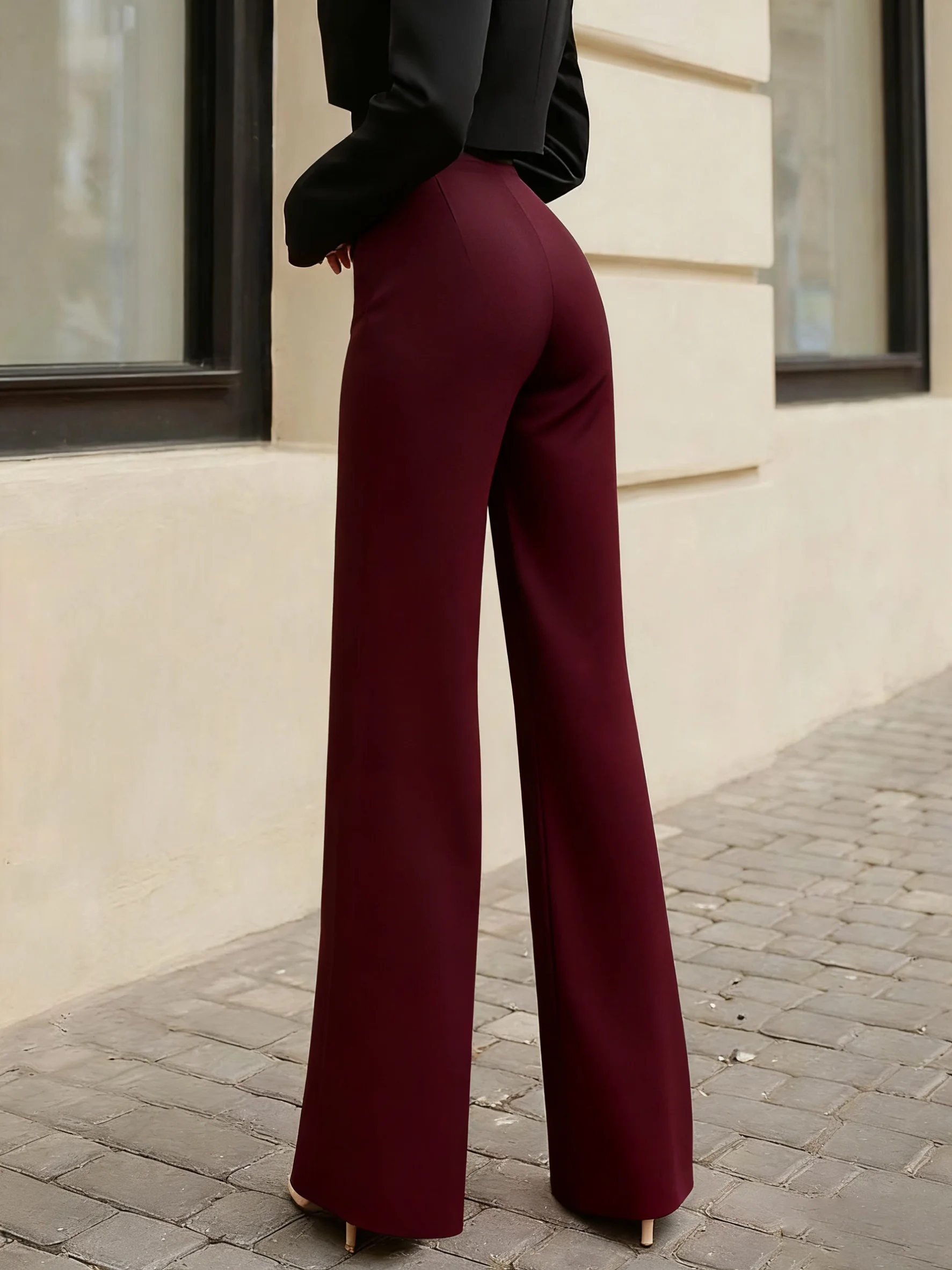 Women's Solid Black Casual Elegant Straight-Leg Pants Back to School Asymmetrical V-Shaped Waistline Accentuates Curves