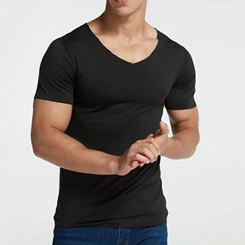 M-5XL Men Summer Ice Silk Shirt Short Sleeves Seamless V Neck Top Solid Color Ultra-thin Cool Sport T-shirt Undershirt Plus Size