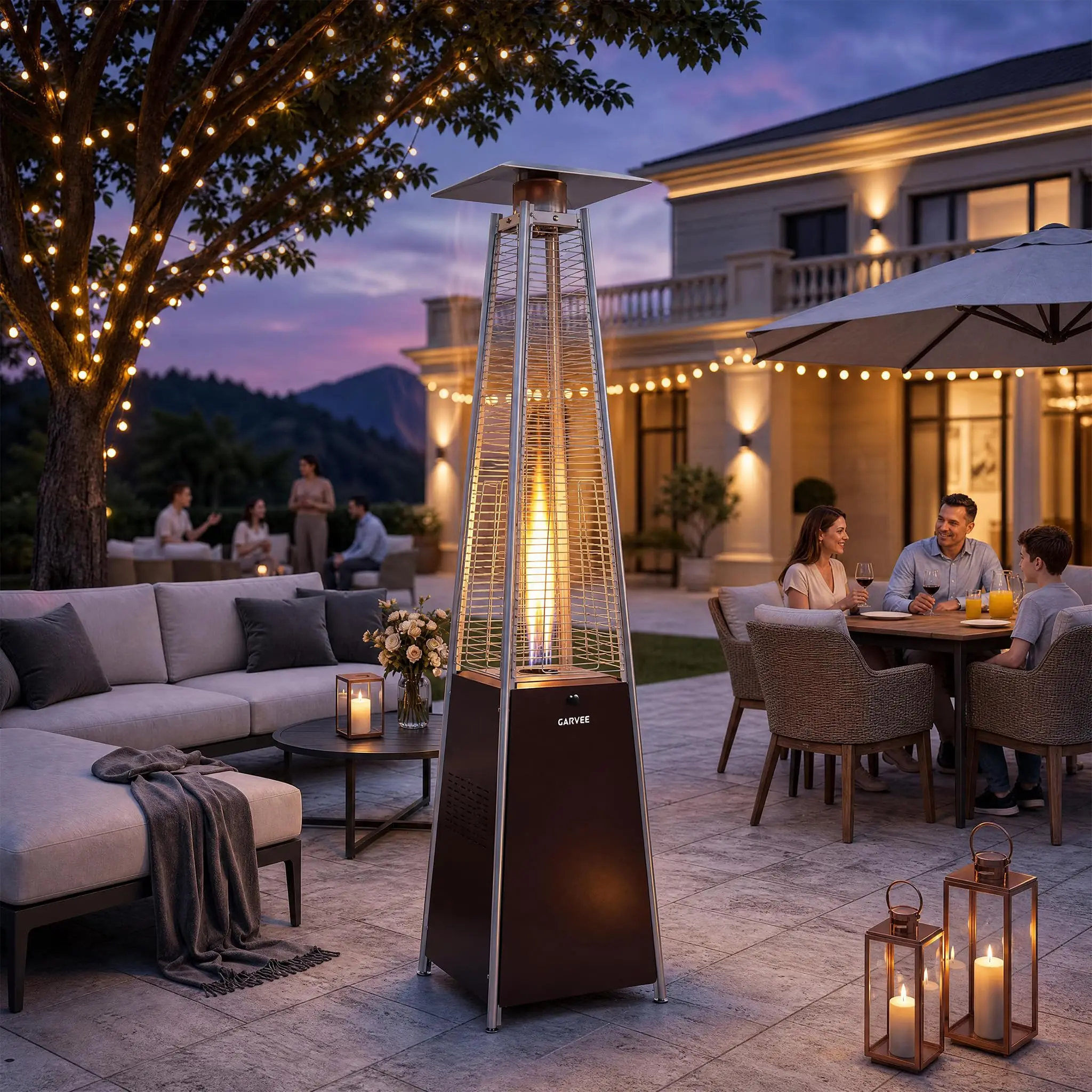 Outdoor Pyramid Propane Patio Heater With Glass Tube Visible Flame, Wheels, Adjustable Heat & Weather Cover For Deck Garden Poolside
