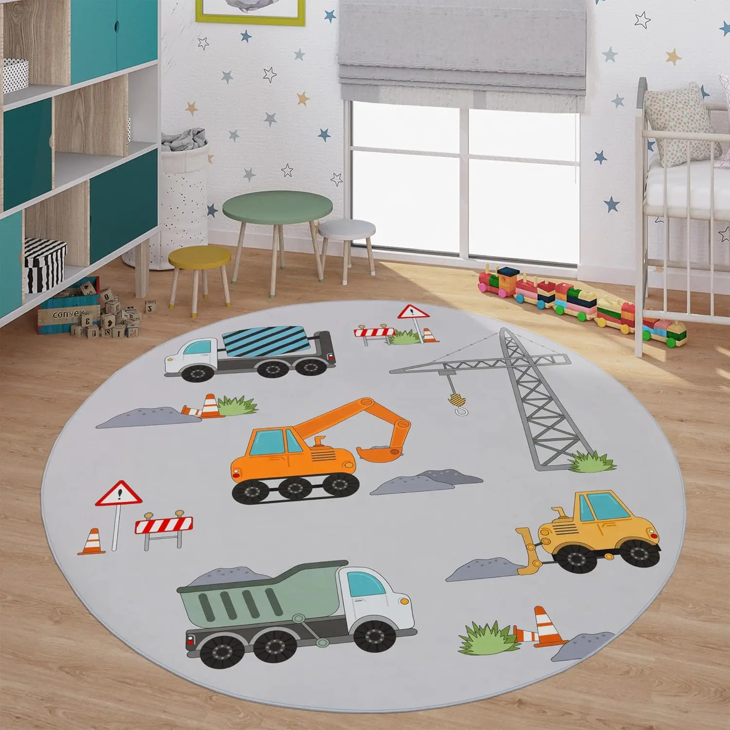 Durable Round Construction Vehicle Play Mat Area Rug for Kids Room Nursery Decor Toy Car Dump Truck Crane Foam Polyester Playroo