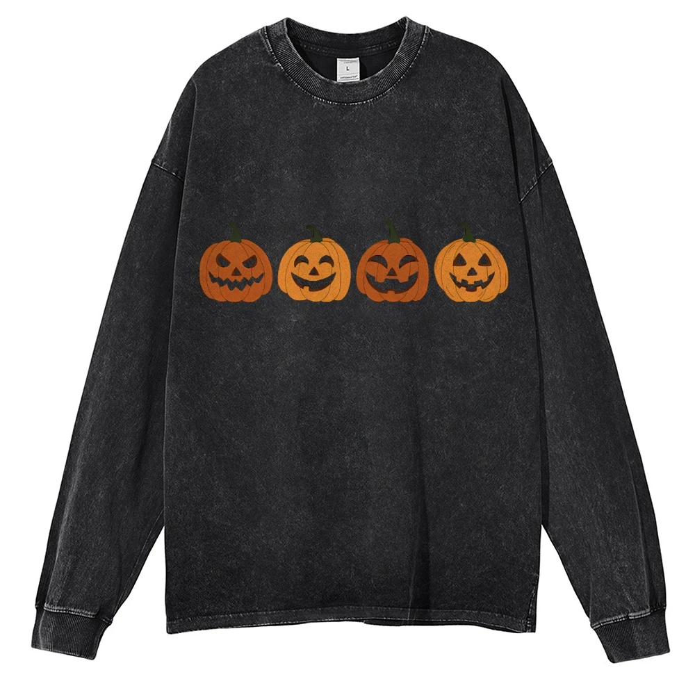 Unisex Casual Wash Printed Long Sleeve T-Shirt O-Neck Halloween Graphic Printed Top Couple Loose Holiday Style Top High Quality