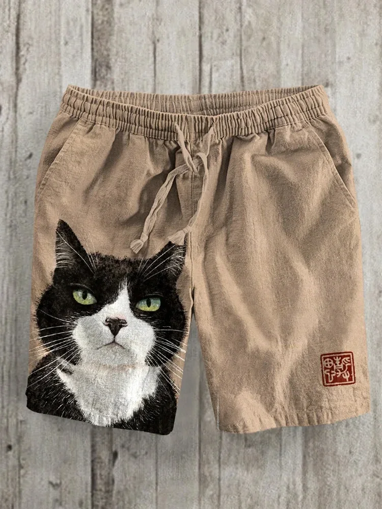 Cat Shorts Mens Casual Polyester Summer Beach Vacation Graphic Loose Drawstring Half Pant Cute Kitten Streetwear Comfortable