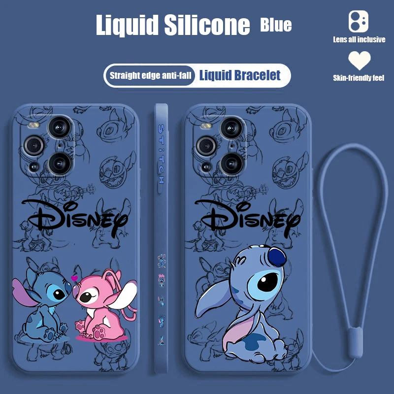 Lilo & Stitch Disney For OPPO Find X6 X5 X3 X2 Pro Lite Neo Liquid Left Rope Silicone TPU Fundas Cover Phone Case