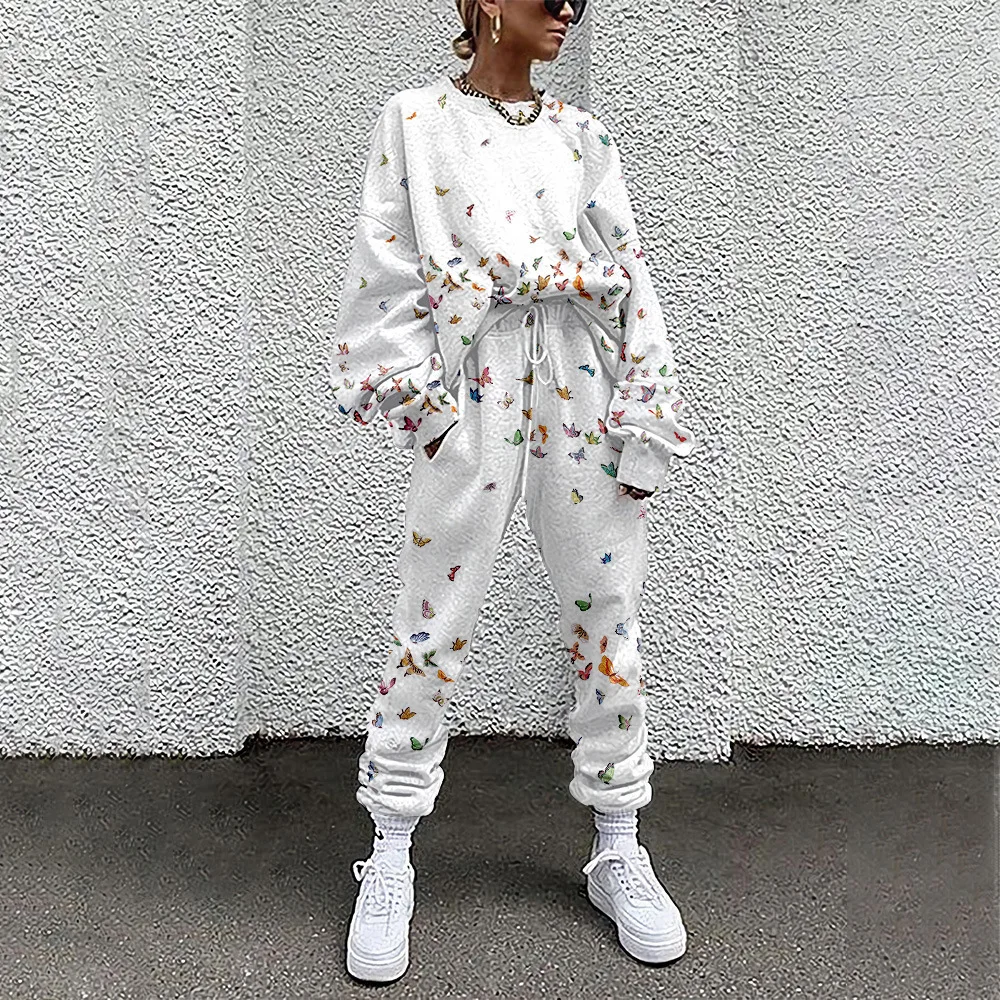 Women\'s Casual Long Sleeve Butterfly Print Tracksuit Sport Suits Spring Autumn Sweatshirts and Long Pant Two Pieces Set