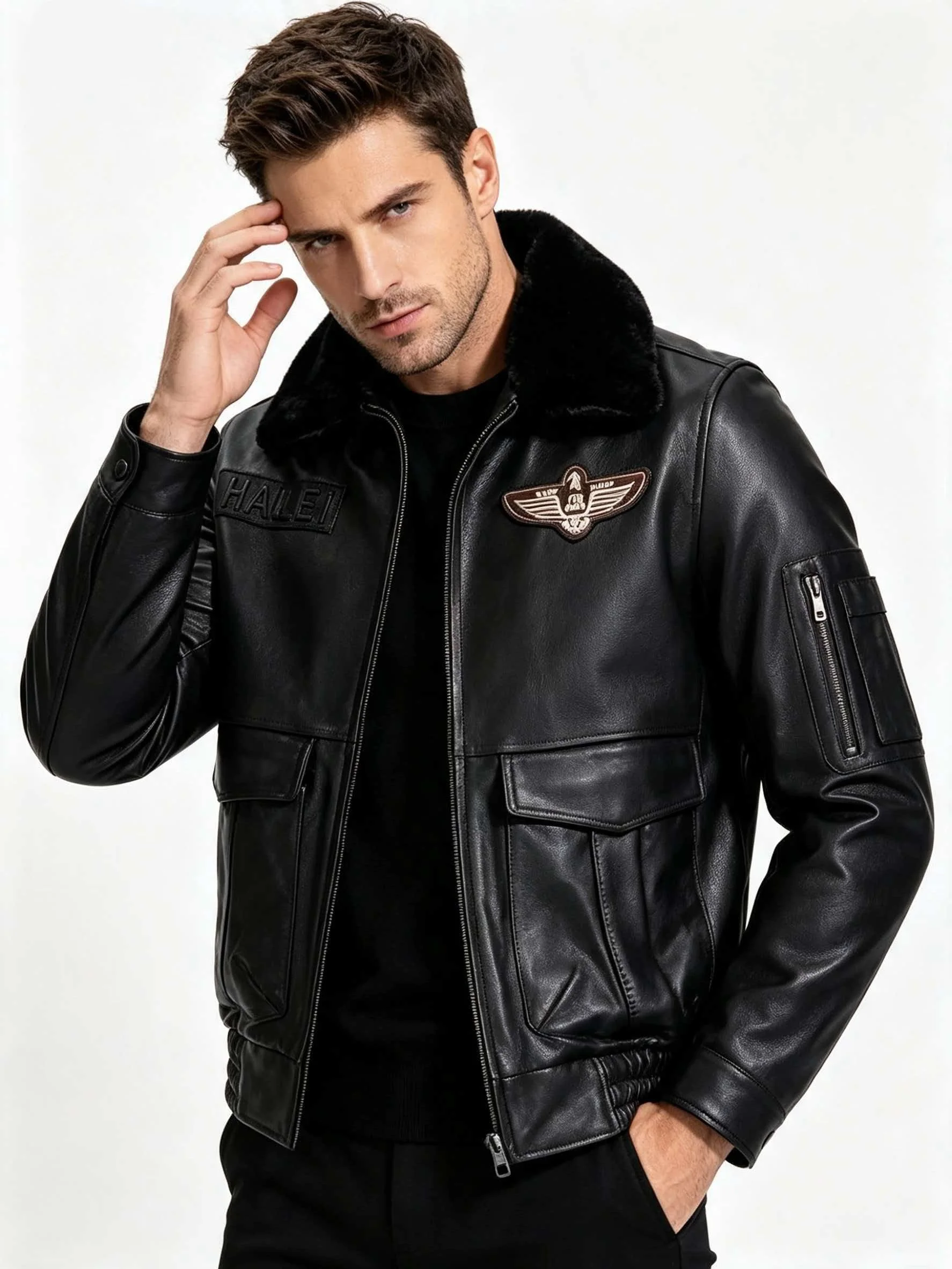 Chaqueta de cuero negra de invierno para hombre, estilo retro, talla grande 6XL, piel de vaca natural auténtica, cuello vuelto, abrigo militar de aviador