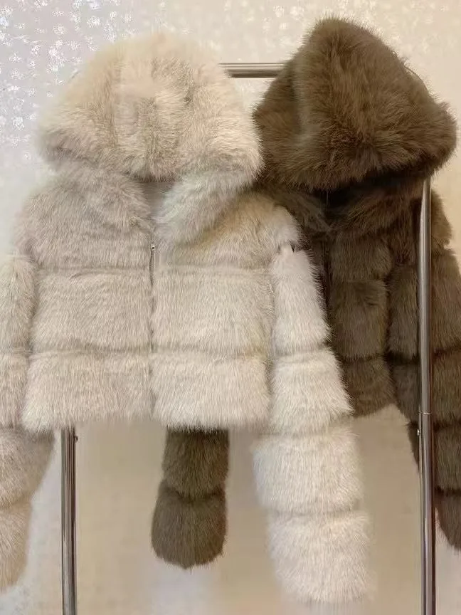 

Faionable ort Fur Coat Women's Winter Wear Zipper Hooded Eco-friendly Sexy Girl Korean Sle Bight Color Blo Jaet