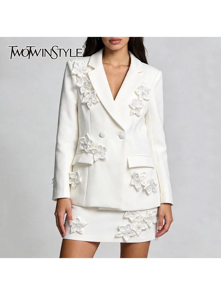 

TWOTWINSTYLE Solid Spliced 3D Flower Two Piece Sets for Women Lapel Long Sleeves Blazer High Waist Skirt Minimalist Set Female