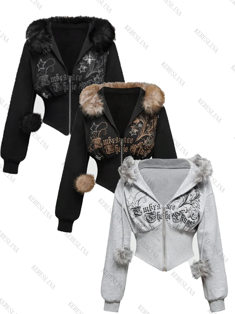 

Женская толстовка с капюшоном и меховым воротником в стиле Harajuku, американская ретро-куртка, сексуальная укороченная женская куртка в европейском и американском стиле.