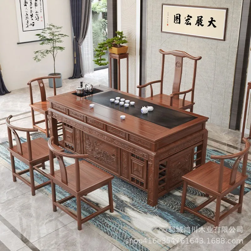 Wujinshi tea table and chair combination solid wood Kung Fu tea table elm work desk household balcony coffee table tea set