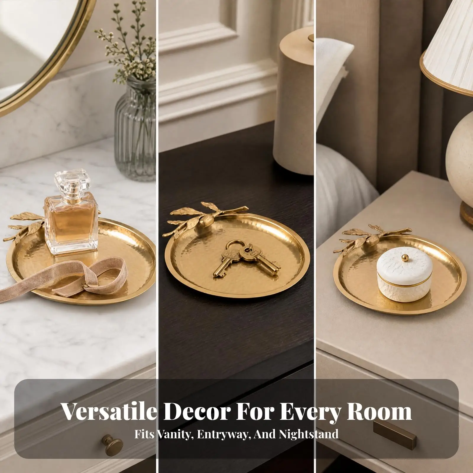 Oval Decorative Copper Tray Gold Tone Leaf Pattern Textured Surface Tray for Vanity Cosmetics Organizer Coffee Table Decor