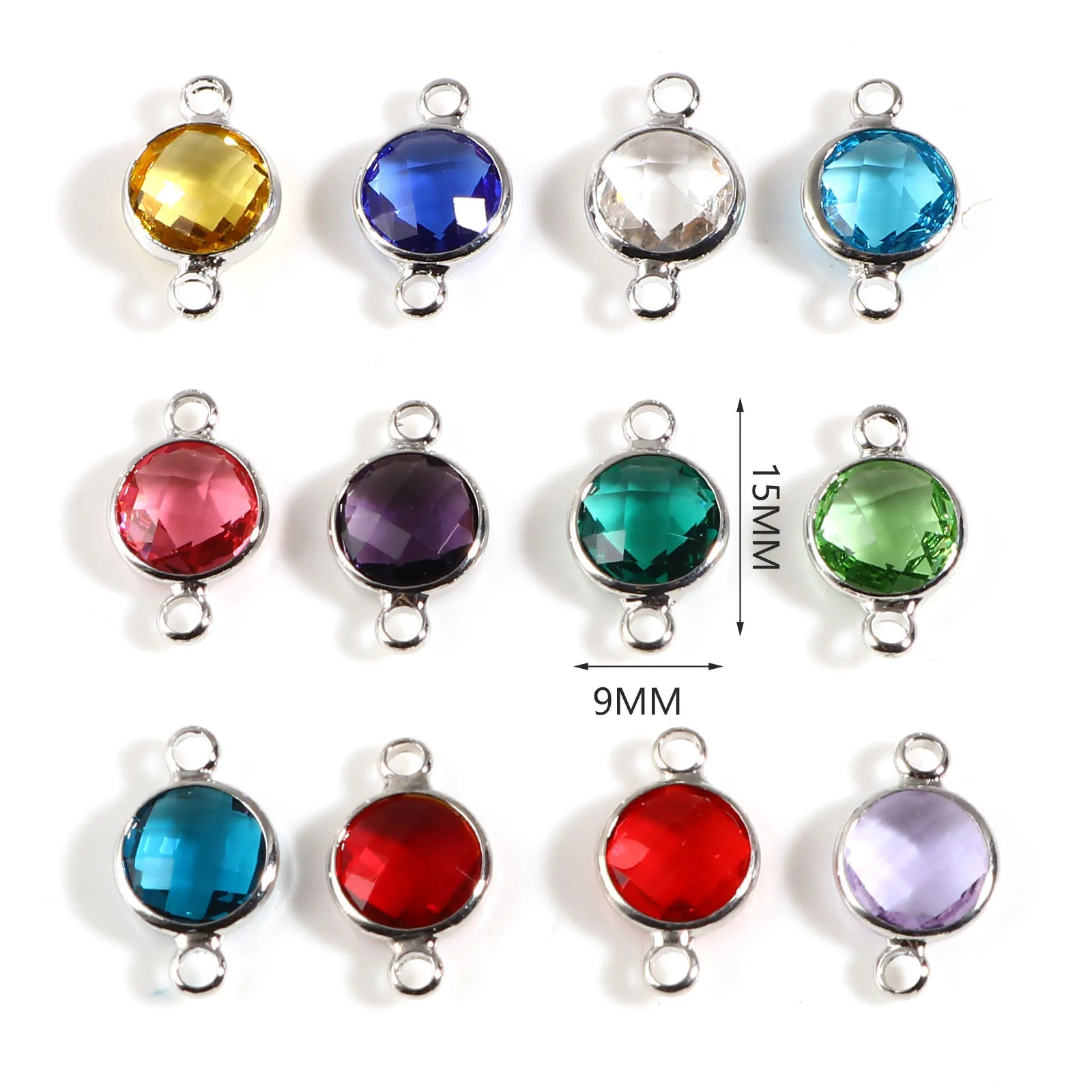 5PCs Copper Birthstone Connectors Multicolor Round Glass Faceted Charms Silver Color DIY Making Necklace Jewelry Gift 15mm x 9mm