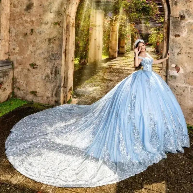 Customized Sky Blue Princess Vestidos De 15 Quinceañera Shinning Beads Appliques Tull Off Shoulder Ball Gown Vestido De Princesa