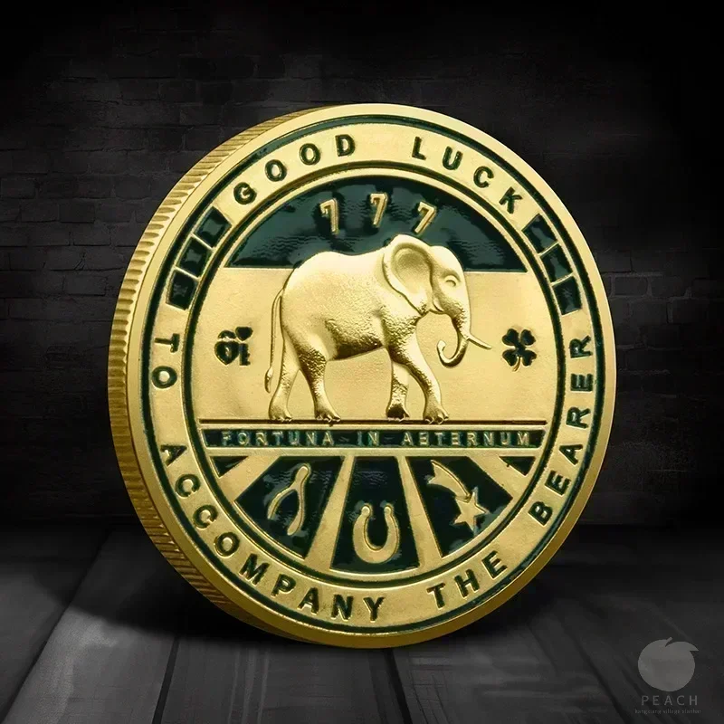 قطعة واحدة، عملة محظوظة مزدوجة الجوانب - مجموعة أربع أوراق وفيل - عملة تذكارية للسعادة والنجاح والصحة والسلام و