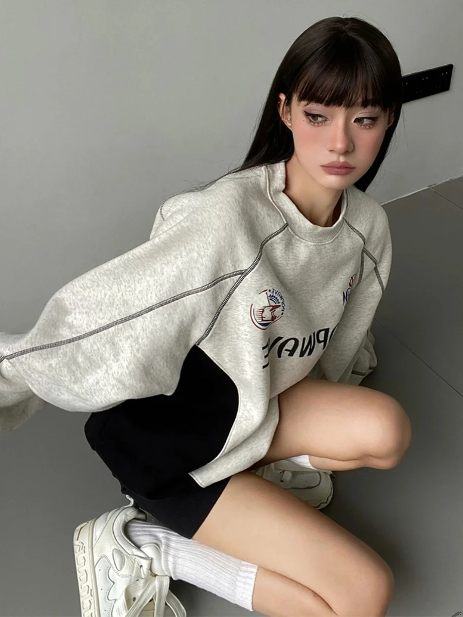 Grey Womens Clothing Vintage Street Sweatshirt Hooded Y2K Letter Pullover Long Sleeves Plush Warm Oversize Baggy Ladies Tops