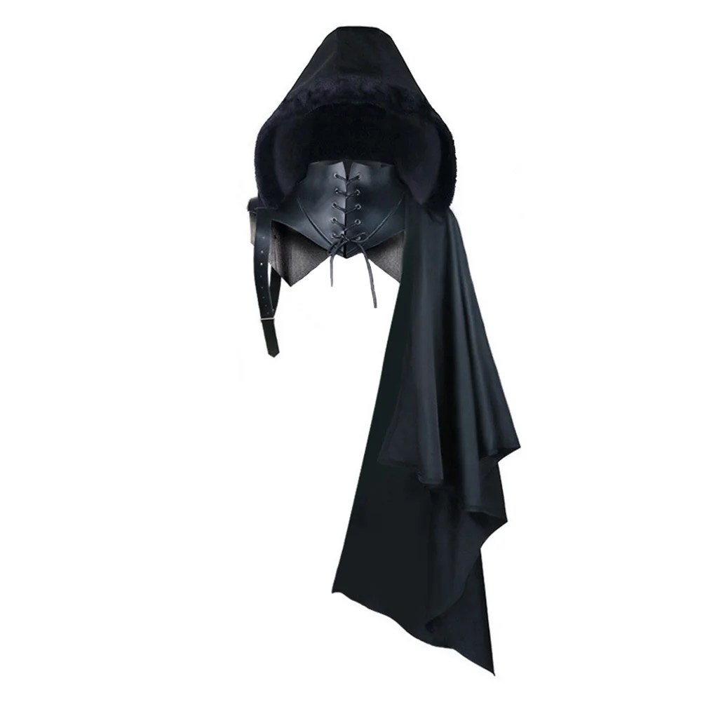 Adult Retro Medieval Vintage Cosplay Shawl Viking Stand-up Collar Tied Cloak Cape with Hat Halloween Carnival Party Fancy Suit