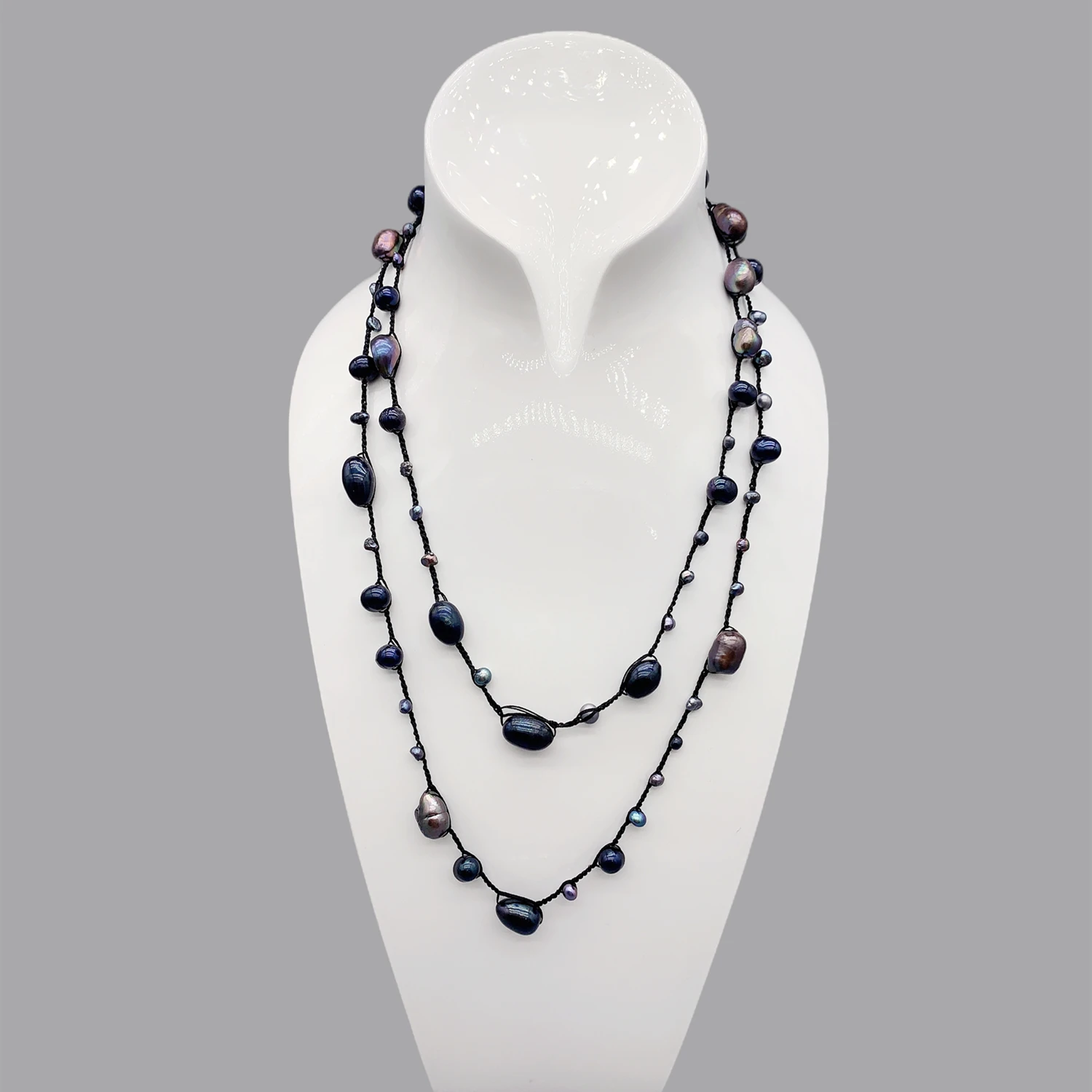 

FoLisaUnique Freshwater Black Potato Baroque Pearl Necklace Cord Rope Braid Crochet Trendy Long