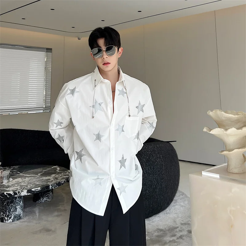 

Trendy Youth Printed Long Sve irt Men's Faionable Nelace Collar irt Summer Stand Fit Youthful Printed Top