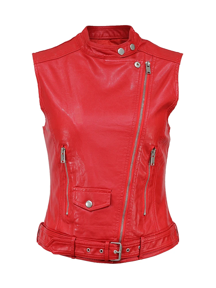 Gilet en cuir PU pour femmes, gilet de moto, solide, printemps automne, nouveau, haute qualité, sans manches, fermeture éclair, rouge, 5XL, 2022