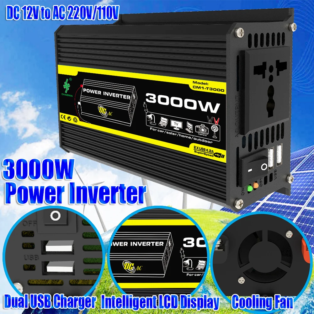 DC 12V To AC 110/220V Intelligent Power Inverter Dual USB Car Voltage Transformer 3000W Vehicle Smart Inverter for RV Caravan