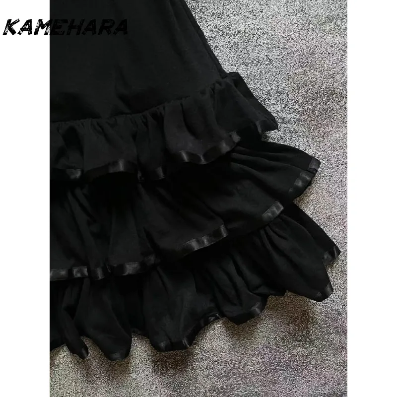 KAMEHARA اليابانية E-girl القوطية خمر نصف عالية الرقبة قصيرة الأكمام القوس فستان الدانتيل مقطعة الخصر حار فتاة فستان أسود صغير