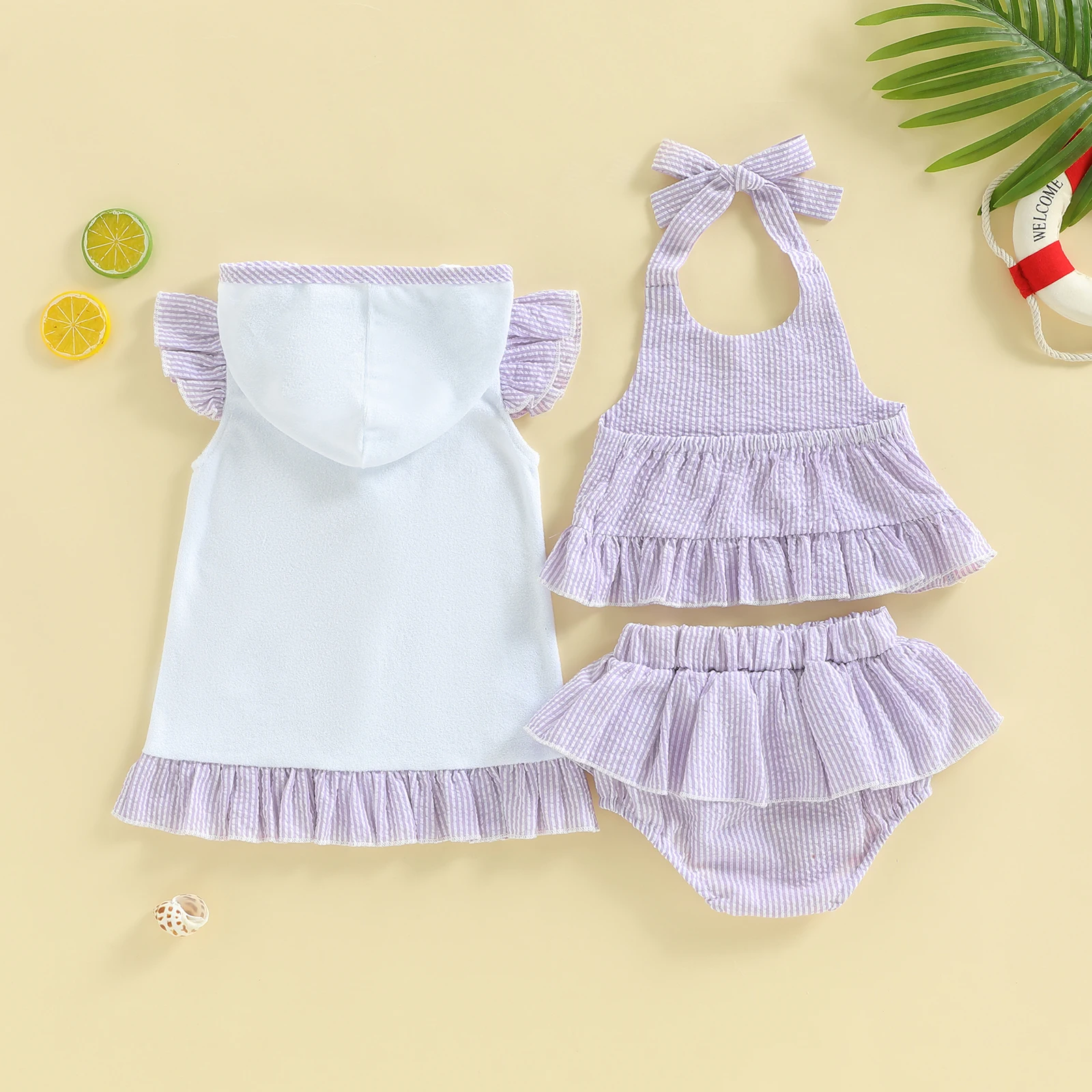 Lovely Toddler Baby Girls Three Piece Swimsuit Sleeveless Halter Top Bikini Bottom Cover-up Set Bathing Suits