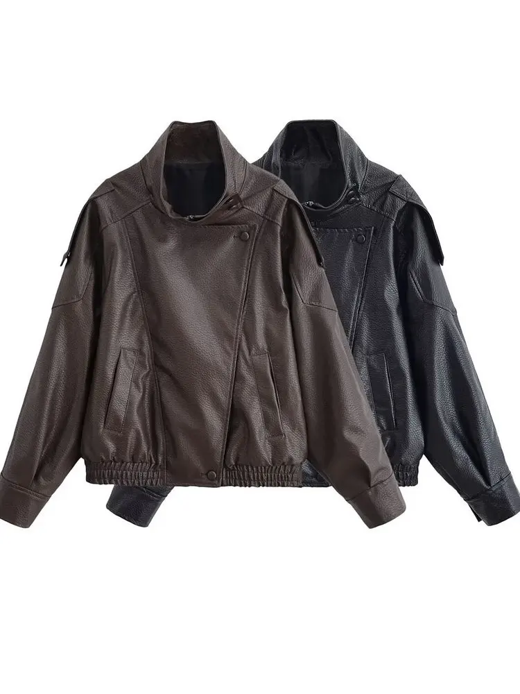 

2025 Autumn Women's American Retro Faux Leather PU Jackets Lady Street Stand Collar Loose Oversized Zipper Pocket Button Coats