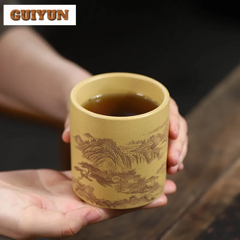 245ml Yixing Purple Clay Teacup Handmade Engraving Painting Landscape Master Cup Raw Ore Section Mud Tea Bowl Zisha Tea Set Gift