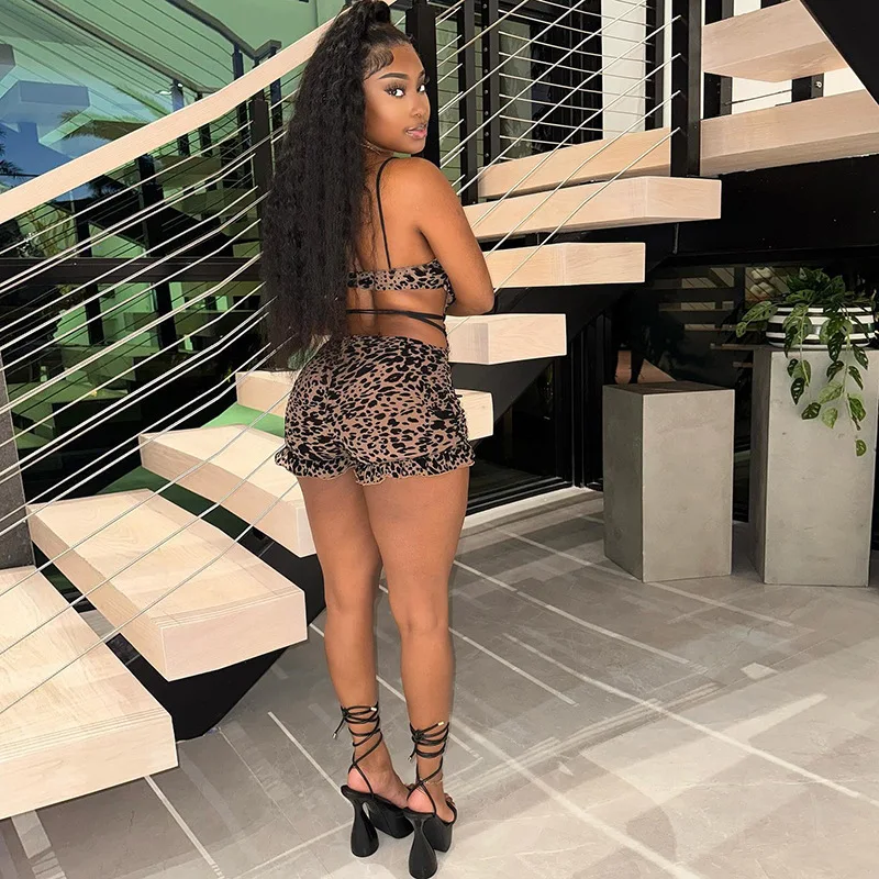 BKLD Women Clothing Sexy Leopard Printed Mesh Hollow Out Lace-Up Sleeveless Open Back Ruffles Patchwork Tight Rompers One Pieces